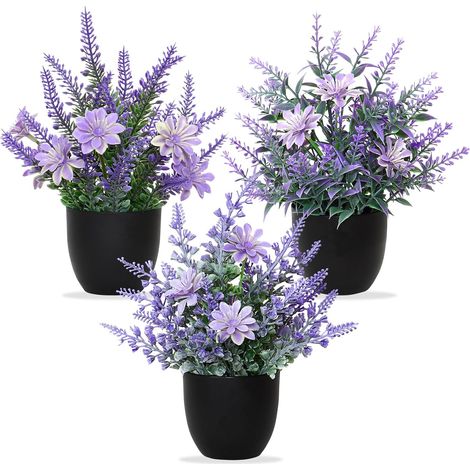 Plantes artificielles en pot, lot de 3 petites plantes vertes décoratives en plastique pour la décoration intérieure du bureau, de la maison, de la chambre, du salon et de la salle de bain (3, pot noi (1/5)