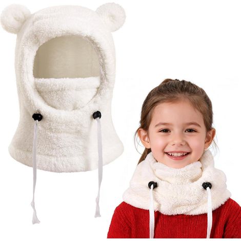 Cagoule d'hiver enfant polaire thermique 3-10 ans, masque ski coupe-vent réglable, tour de cou chaud blanc (1/5)