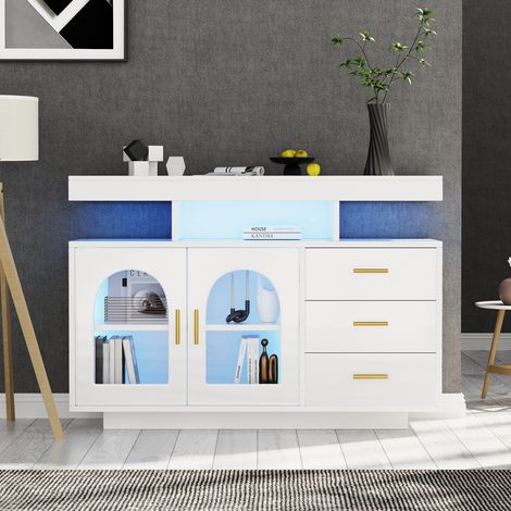 Aparador de Almacenaje con 3 Cajones, 4 Nichos, LED, para Salón, en Tablero de Partículas, Blanco, 120 × 40 × 80 cm (1/5)