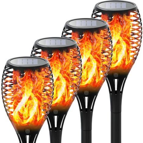 Juego de 4 antorchas de jardín, antorchas solares, luces de seguridad LED impermeables para uso exterior, ambiente decorativo para jardín/carretera/Navidad/boda/festival - Juego de 4 (altura 58 cm, an (1/5)