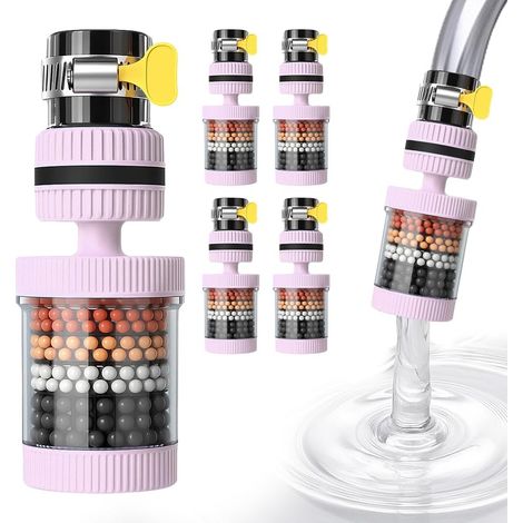 Filtre à eau universel pour robinet, purificateur d'eau rotatif à 360°, accessoires pour évier et cuisine, lot de 4, rose