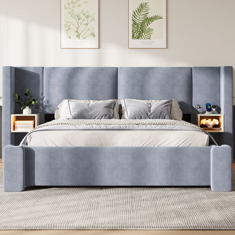 Lit coffre 180x200 cm hydraulique en tissu lin, rangement sous lit, LED 7 couleurs, tête de lit rembourrée, lit double - Gris (1/5)
