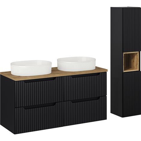 Doppelwaschtisch und Hängesäule 120cm Riva mit 4 Schubladen, Schwarz und Holzoptik