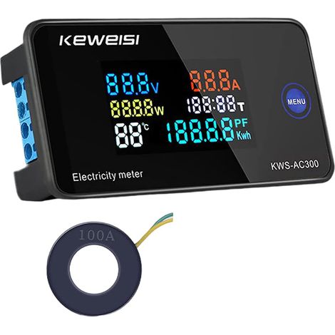 Compteurs d'énergie numériques LCD AC300-100A Moniteur d'énergie Compteur Intelligent Voltmètre Multifonction Ampèremètre - avec transformateurs de Type fermé (1/5)
