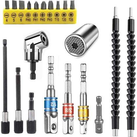 Irovami Kit rallonges flexibles 21 pièces – Adaptateur universel 1/2"-1/4", angle droit 105°, porte-forets – Idéal pour atelier, bricolage, mécanique (1/5)