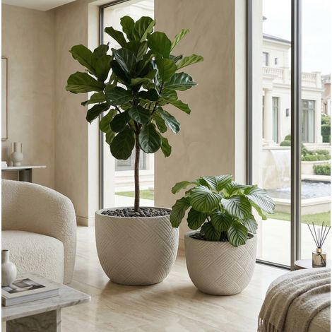 Lot de 2 jardinières rondes en oxyde de magnésium grises, 45x35 cm et 37x28 cm (1/5)