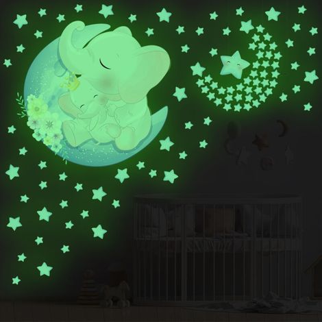Éléphant lune étoile autocollant mural lumineux dessin animé (1/5)