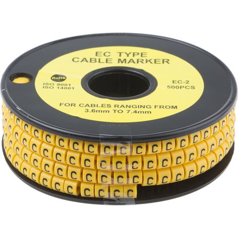 Repère câble , Ø câble 3.6  7.4mm, texte : C, Noir sur Jaune ( Prix pour Bobine de 500 )