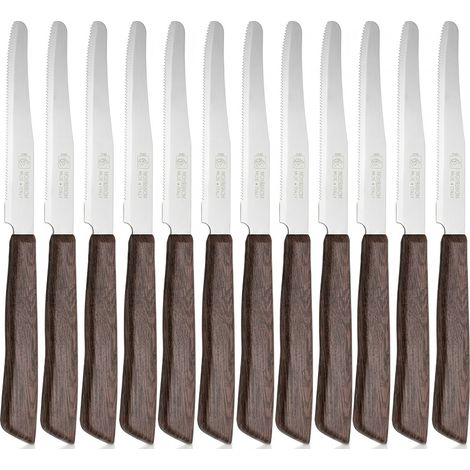 Set 12 Coltelli da Tavola Made in Italy in Acciaio Inox con Punta Arrotondata e Lama Seghettata  Manico Effetto Legno Mogano 22 cm Lavabili in Lavastoviglie e Professionali