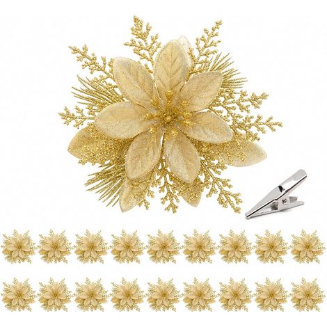 20x fleur de noel doree (15cm) avec pinces: poinsettia scintillant (1/5)