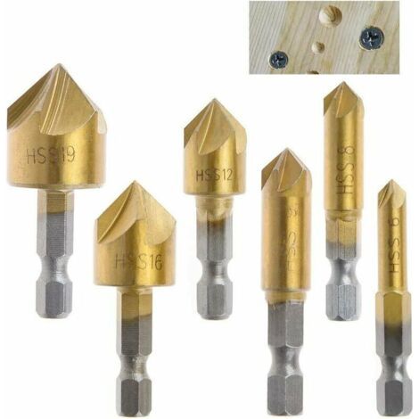 6Pcs Hss Fraise Chanfreiner 90 Degrs 5 Flte Fraises Chanfreiner Trou Tailleur Titane Revtu Fraise Chanfreiner 1/4"Foret Bois Queue Hexagonale 6Mm 8Mm 9Mm 12Mm 16Mm 19Mm Outil De Bricolage (1/5)