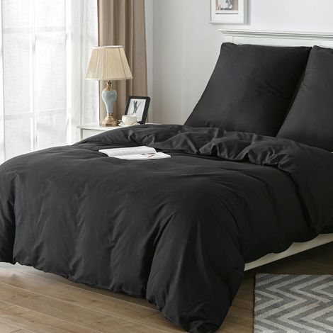 Parure de lit 2 pièces en Microfibre avec Fermeture éclair 1 Housse de Couette 135 x 200 cm et 1 taie d'oreiller 80 x 80 cm - Noir (1/5)