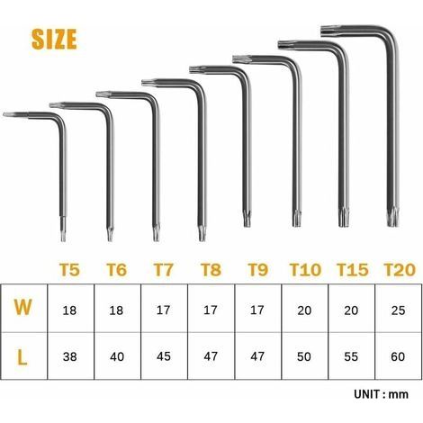 Clés Torx coudées 8 pièces – Acier inoxydable T5 à T20 – Pour vis à tête creuse et réparations électroniques – Ergonomiques et résistantes à la rouille (1/4)