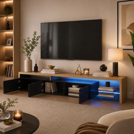 Meuble TV 200x39x42cm, 2 étagères en verre, armoire télévision pour salon, 3 portes de rangement, banc TV aspect bois, lumières LED, grande capacité, finition brillante, style moderne, MDF, Noir (1/5)