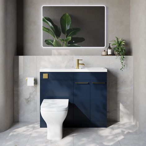 Napoli 250 Deep Blue 1000mm 2 Door Vanity Unit Toilet Suite with Square Silvo Basin - 1000mm - Brushed Brass 160mm HandleWith Kingston Toilet Pan and Seat