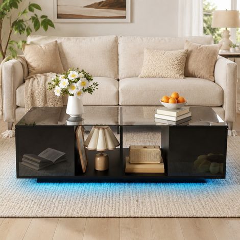 Table basse LED 120 x 50 x 38,5 cm, plateau brillant noir, MDF et verre HAVRYA (1/5)