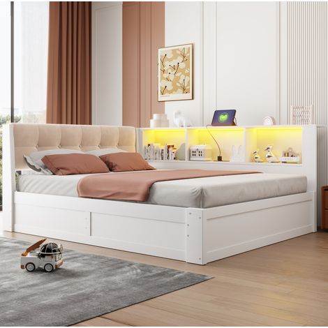 Lit coffre 140x200 cm avec rangement hydraulique et étagère, en bois, blanc, sans matelas (1/5)