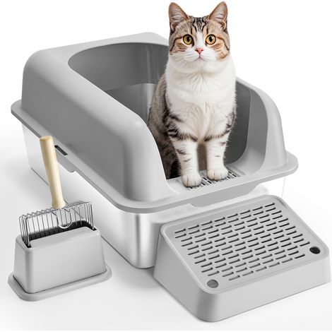 VEVOR Bac a Litiere pour Chat Profondeur 152,4 mm Extra Large en Acier Inoxydable avec Pelle, Repose-pied Filtrant, Cotes Hauts, sans Odeur, Facile a Nettoyer, Adapte aux Grands Chats, Gris Clair