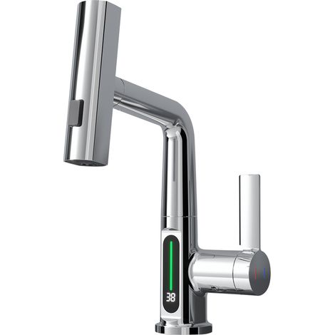 Robinet de cuisine avec douchette extractible, affichage LED de la température, hauteur réglable et pivotant à 360°, 3 jets, mitigeur de lavabo monocommande en acier inoxydable. (1/3)