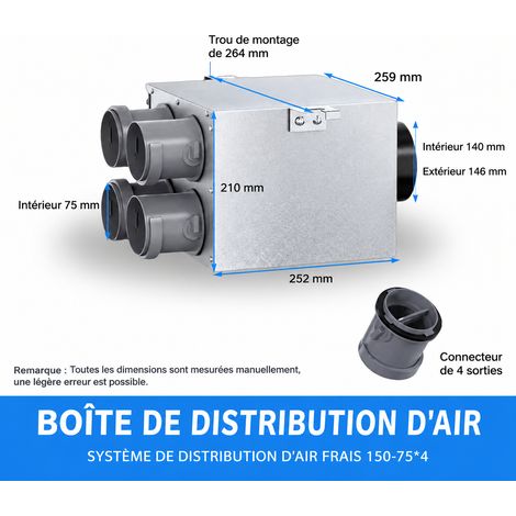 Caisson de distribution d'air métallique VMC 150 vers 4 sorties 75 4 150 pièces75 25,9 × 25,2 × 21 cm 3 kg – Livraison gratuite