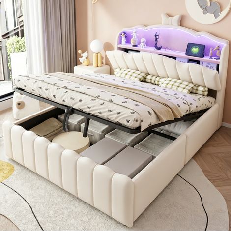 Cama con almacenaje 140x200 cm con LED, USB y USB-C, beige OKMYHOME (1/5)