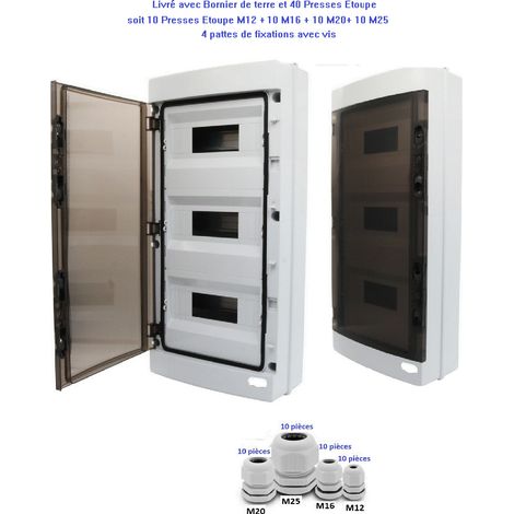 Coffret électrique étanche 3 rangées de 12 modules apparent IP65 + borniers de terre et 40 Presse étoupe