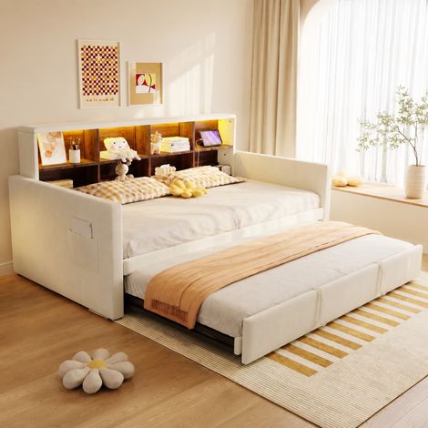 Letto imbottito 90x190 cm in velluto beige con contenitore, LED e prese (1/5)