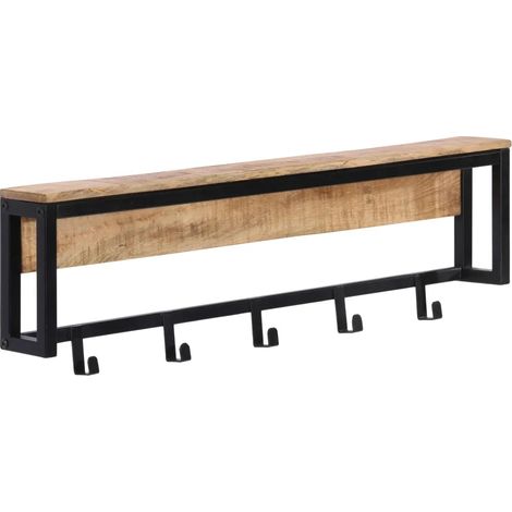 Porte-manteau en fer et bois de manguier massif décoratif avec 5 crochets 87 x 10 x 27 cm en bois brut