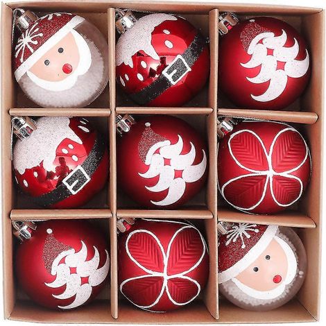 Lot de 9 boules de Noël de 6 cm, rouges et blanches, décorées d'un Père Noël dessiné à la main. (1/5)