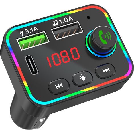 Transmetteur FM Bluetooth - Chargeur Voiture QC3.0 - 2 Ports USB - Rétro-éclairage LED 7 Couleurs - Pour Autoradio - 1 Pièce (1/5)