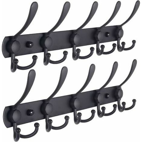 Porte-manteau mural - 5 crochets triples, robustes, acier inoxydable, rail de crochet en métal pour porte-manteau, porte-serviettes, porte-monnaie, robes d'entrée de salle de bain (noir, 2 paquets) (1/5)