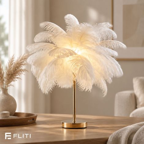 FLITI-Lampe de table plumes d'autruche – Abat-jour 40 cm – H 50 cm – LED rechargeable 3W – Lumière chaude/neutre/blanche – Interrupteur tactile (1/5)