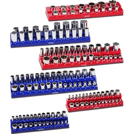 Kit Organisateurs Douilles Magnétiques, 6 Plateaux de Douilles Métriques SAE 1/4'', 3/8'', 1/2'', Étiquettes Transparentes, Capacité 143 Douilles Standard Profondes Non Incluses, Bleu & Rouge (1/5)