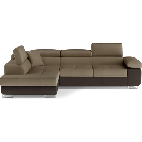 Canapé d'angle convertible velours MARKA - Coffre et appuis-tête réglables angle gauche-Marron/Marron clair-angle gauche (1/5)