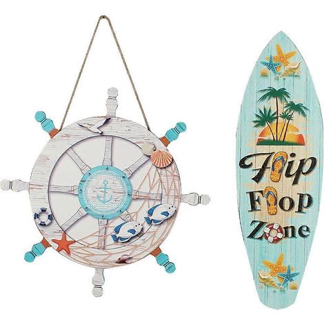 Deux décorations murales sur le thème de la mer, un volant de planche de surf en bois, pour salle de bain, salon, buanderie, salle de bain, spa, toilettes. (1/5)
