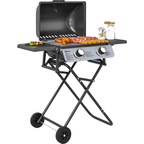 Barbecue à gaz portable, deux brûleurs, 5,6 kW, avec grille latérale, thermomètre et roues, noir., idéal pour le camping, les pique-niques et les repas en plein air (1/5)