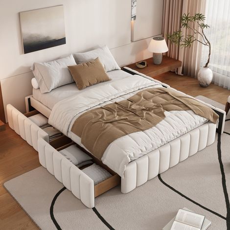 Lit 140x200cm - Lit Double 140x200 - Sans Tête de Lit en Velours avec Sommier et 4 Tiroirs – Style Minimaliste – Beige (1/5)