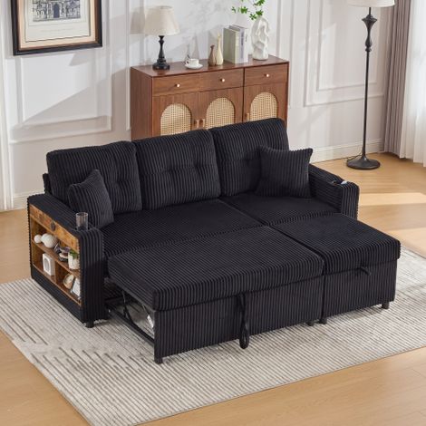 Mehrfunktionales Cord-Sofa mit Stauraum & Ausziehbett. Inkl. USB-C, Ambientebeleuchtung, Getränkehaltern & breiten Armlehnen. Schafft gemütliche Wohlfühlbereiche in Wohn- und Gästezimmer.