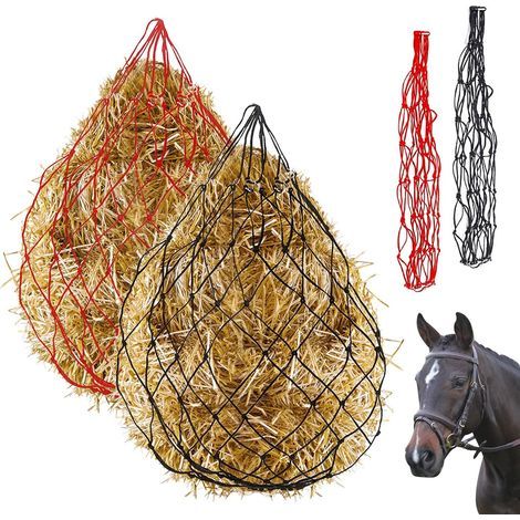 Lot de 2 filets à foin à alimentation lente de 91,4 cm, 2 couleurs, grand filet à foin en polyester résistant pour remorque et étal, simule le pâturage, réduit les déchets (noir, rouge) (1/5)