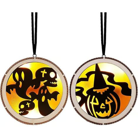 Lot de 2 décorations d'Halloween avec lumières LED, sorcière et fantôme en bois, à suspendre. (1/5)