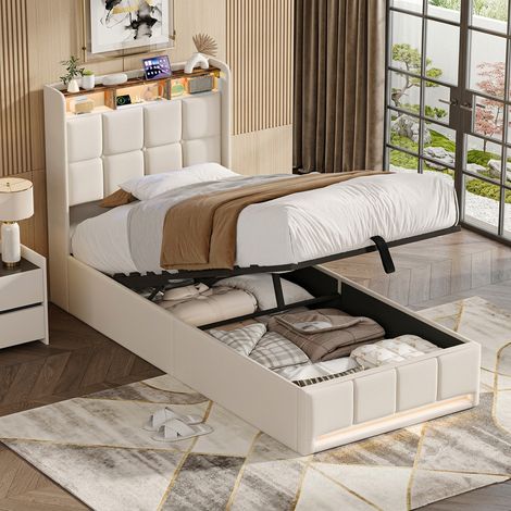 Lit 90x200cm avec Ports USB et Lumière LED, Lit Coffre avec Sommier à Lattes et Rangement Hydraulique, Tête avec Compartiment de Rangement, Capitonné, Tissu en Lin, Beige (1/5)