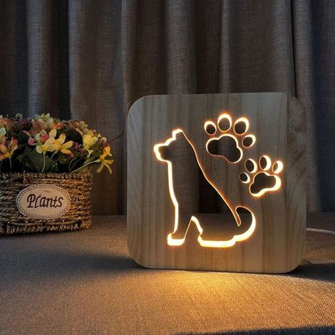 LED Chien Veilleuse Chien Patte Lampe Animal Veilleuse En Bois Sculpté USB Lampe Creative Paw Print Lampe De Table En Bois Veilleuse Lampe 3D Cadeaux pour les amoureux des chiens (chien) (1/5)