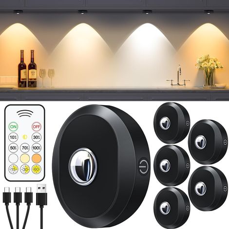 6 Spot Led Sans Fil Rechargeable, 3 Températures Couleur, Télécommande, Minuterie, Pour Armoire Cuisine