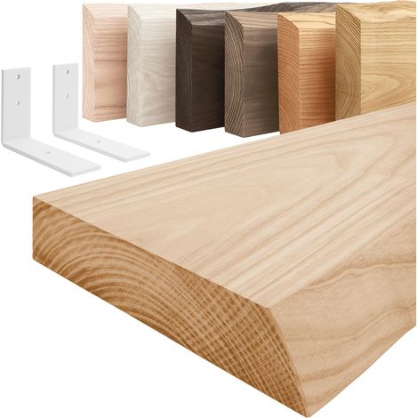 LAMO Manufaktur étagère murale en bois massif, irrégulier, étagère de rangement Basic, bois naturel / équerre blanche 120cm, LW-01-A-002-120LW