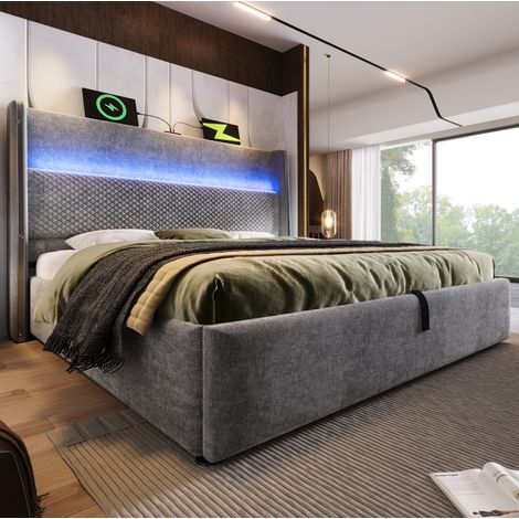 DESVIAE Lit double hydraulique 180 x 200 cm avec tête de lit haute éclairage LED rangement ports USB et Type C gris avec matelas (1/5)