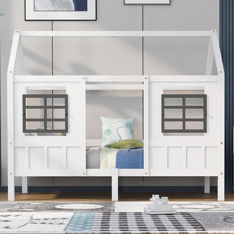 Lit cabane, lit simple, lit de jour, lit enfant avec 2 fenêtres, cadre en pin, MDF, blanc (200x90cm), garantie 2 ans
