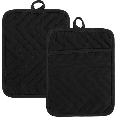 Manoplas de horno negras con bolsillo, 2 manoplas de horno de algodón resistentes al calor, salvamanteles de 17,8 x 22,9 cm, posavasos cuadrados grandes para cocinar y hornear (1/5)