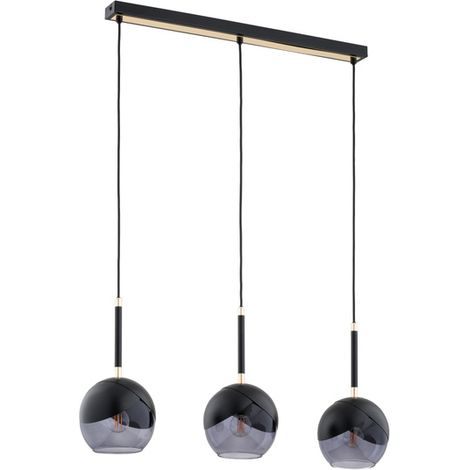 Alfa MILTONA Linear Pendant Light, Black Metal with Chrome Accents, 3 Smoked Glass Globe Shades, 3xE27 Max 15W, Dimmable, 70cm Bar, 85cm Drop, Ceiling Hanging Fixture for Dining Table & Kitchen Island