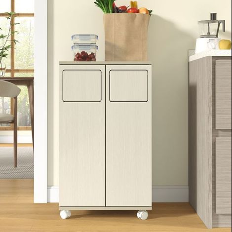 Meuble de rangement 46 x 35 x 80 cm tri des déchets à 2 compartiments meuble à roulettes aspect bois clair 2 portes roulettes (1/5)