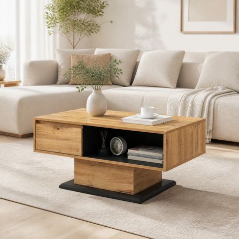 Table basse en panneaux de particules bois clair et anthracite 100 x 60 x 47 cm, 1 tiroir, rangements avant et arrière double face sans poignées – de FLORAGRACE (1/5)